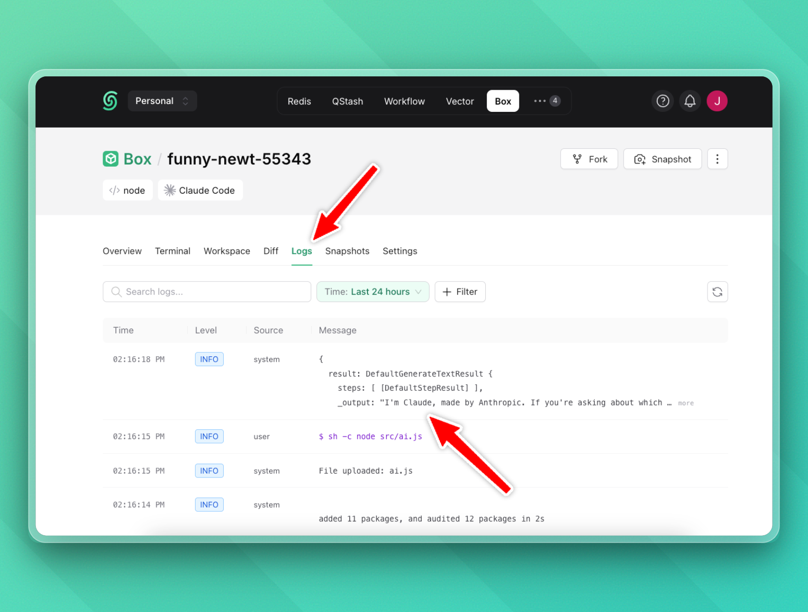 AI SDK cloud sandbox logs